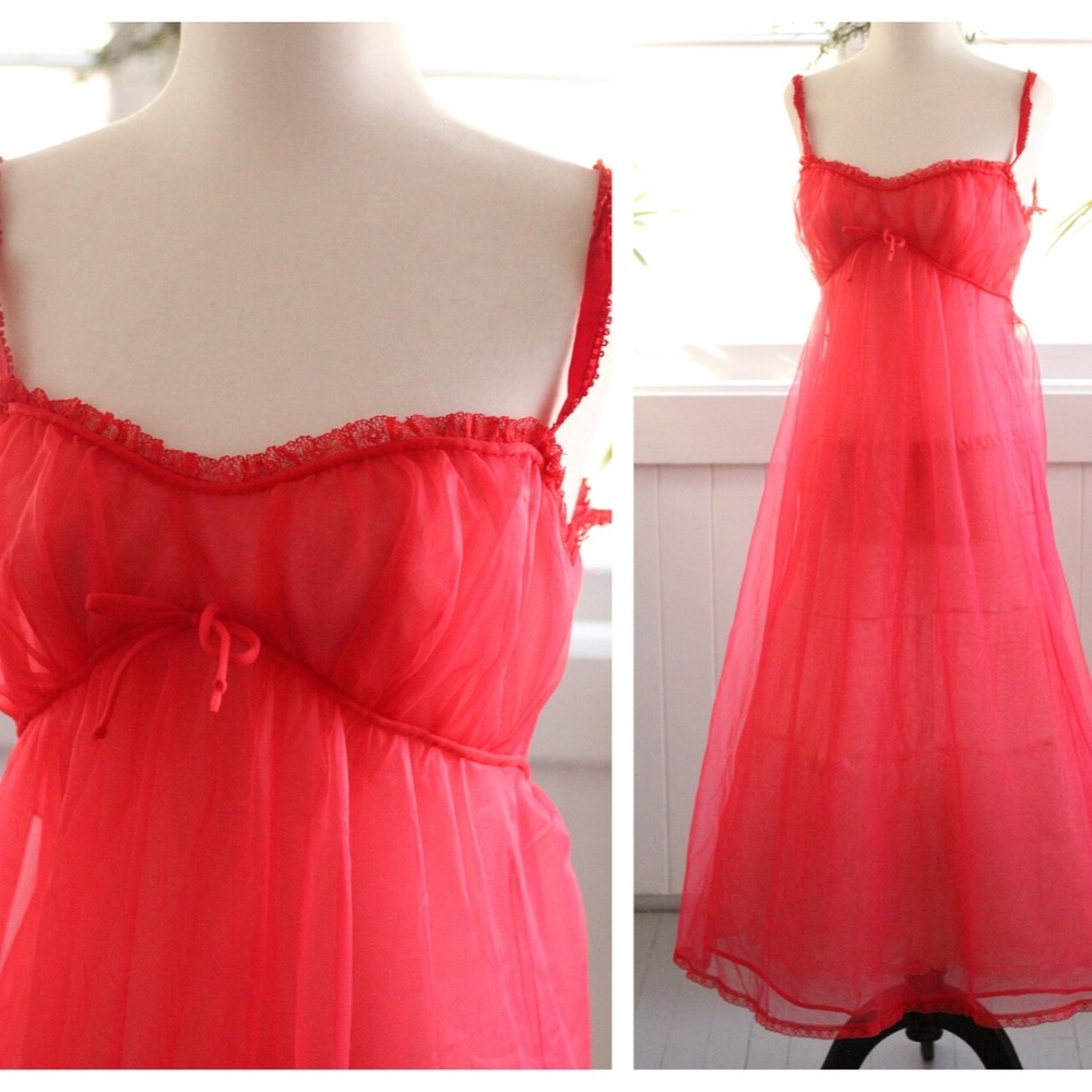 1960s Rose Red Long Chiffon Empire Waist Vintage Nightgown Old Hollywood Dress
